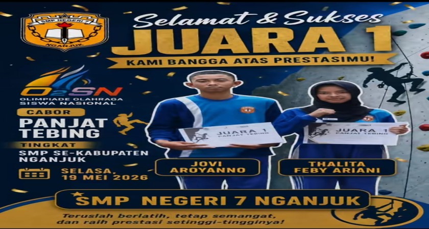 Jovi dan Feby Siswa SMPN 7 Nganjuk Raih Juara Panjat Tebing di O2SN 2026 Kabupaten Nganjuk